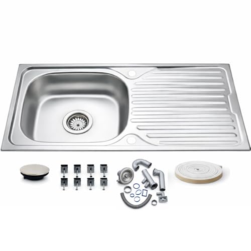 Evier Inox 1 Bac en acier inoxydable 86 x 43,5 cm – Évier encastrable – Avec siphon, trou de robinet et égouttoir