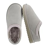 CUSHIONAIRE Keto Genuine Suede Leather Kids Slippers for Boys and Girls – Cozy Slip-On Mule House Shoes with Faux Fur Lining, Cushioned Memory Foam Comfort, GRAY/LAVENDER 5