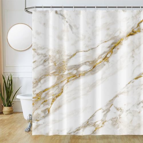 Uiiooazy Cortina de Ducha Mármol, Cortina de Ducha Blanco Oro Abstracta Arte Moderno Cortina de Baño Anti Moho Impermeable Tela de Poliéster Lavable Cortina Ducha con Ganchos para Bañera 180x180cm