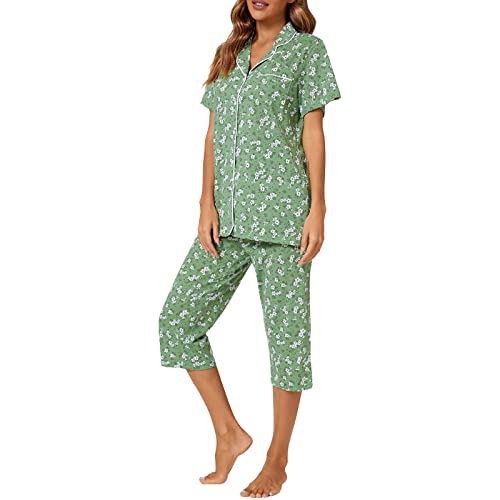 Image of Tugege Capri Pajamas Set Womens Button Down Short Sleeve Lounge Sets Sleepwear Notch Collar Top & Capri 2 Piece PJ Sets