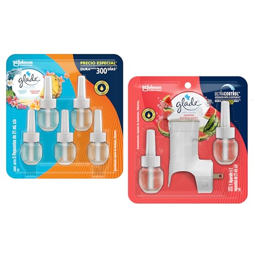 Glade Aromatizante Líquido Eléctrico, Kit 5 Repuestos Paraíso Azul y Hawaiian Breeze, 1 Aparato y 2...