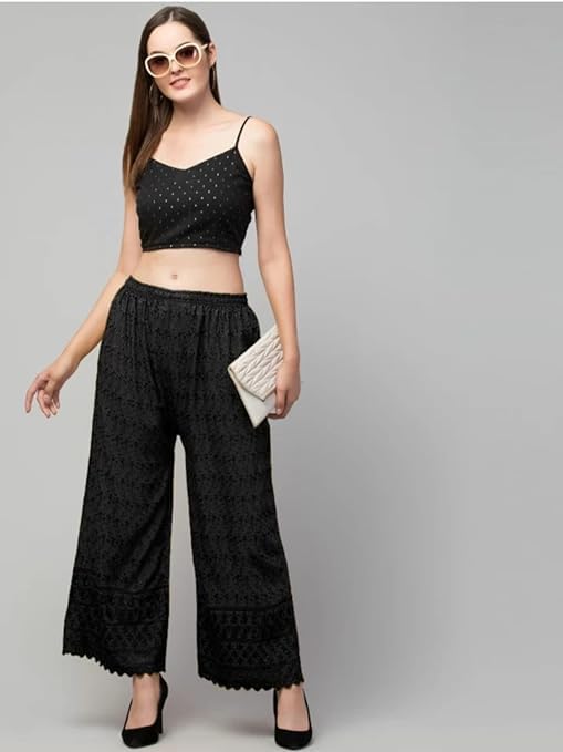 Image of Women's Palazzo Pants Rayon Trousers Chikankari Embroidered Lace Trim Wide Leg Straight Fit Flared Palazzo for Girls & Women