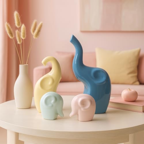 Image of Xtore Ceramic Home Decor 4 Elephant Family Figurine with Piano Gloss Finish | Pastel Color | for Home /Office /Living Room /Kitchen /Gifting - (Set of 4, Multicolor)