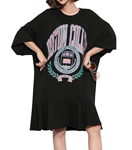 ellazhu Women's Summer Baggy Black Beach T-Shirt Long Dresses GA1358