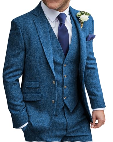 Men Suit Classic Regular Fit 3 Piece Tweed Herringbone Wool Jacket Tuxedos Wedding Grooms Blazer+Vest+Pants2
