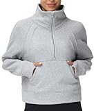 THE GYM PEOPLE Women's Half Zip Pullover Sweatshirt Fleece Stand Collar Crop Sweatshirt with Pockets Thumb Hole Grey