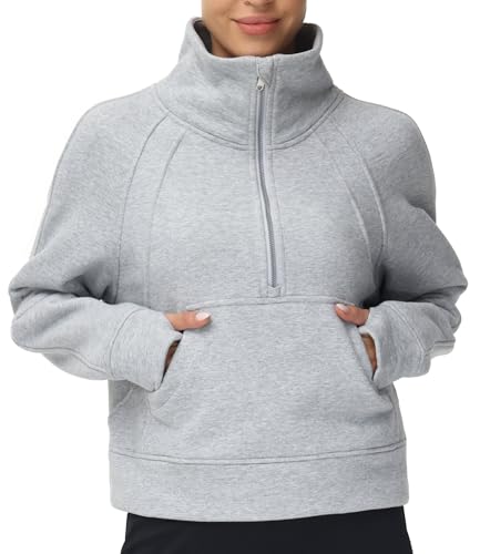 THE GYM PEOPLE Womens' Half Zip Pullover Fleece Stand Collar Crop Sweatshirt with Pockets Thumb Hole Grey