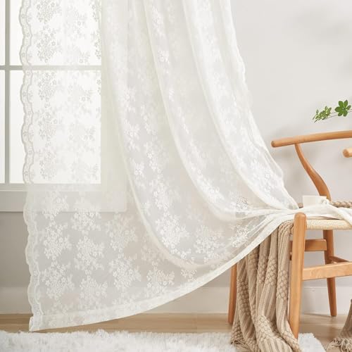 Long 120 Inch Antique Farmhouse Lace Sheer Ivory Curtains 2 Panels Set - Privacy High Ceiling for Dining Room, Patio Door, Large Windows - Rod Pocket 52x120 10 FT Tall Cream/Off White