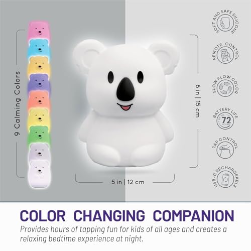 Image of MUID Koala Silicone Night Lamp | Rechargeable Nursery Night Light for Kids, Portable Color Changing LED Nightlight - Break Resistant, Eye Caring, Adjustable Brightness & Color and Time Setting