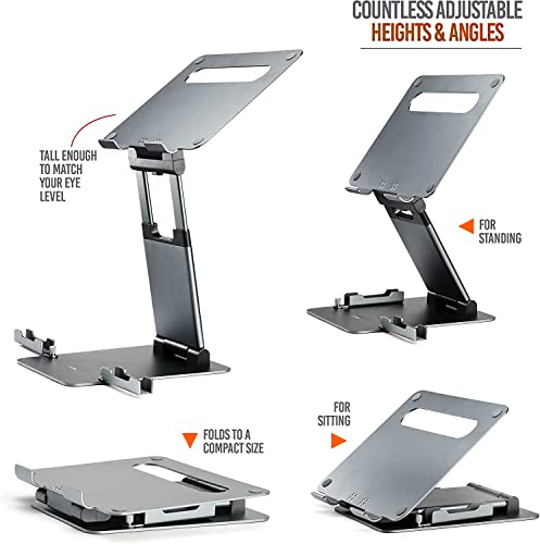 Image of ARTIKEL Wergo+ Laptop Stand with Phone Holders | Height Adjustable Sit to Stand Riser for Desk | Standing Desk Convertor | Ergonomic Foldable & Portable | Universally Compatible | Space Gray