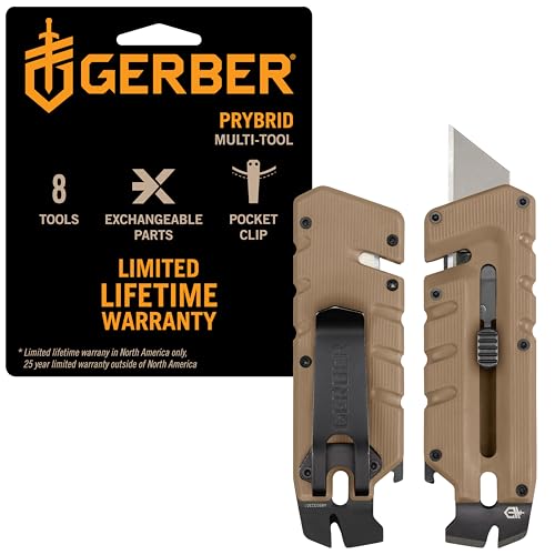 Image of Gerber Gear Prybrid Utility EDC Multitool Pocket Utility Knife, Razor Knife with Retractable Box Cutter Blade and Pry Bar, Coyote Brown