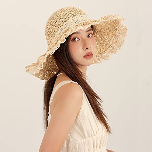 Sombrero de paja para mujer con ala ancha y encaje beige miniatura 5