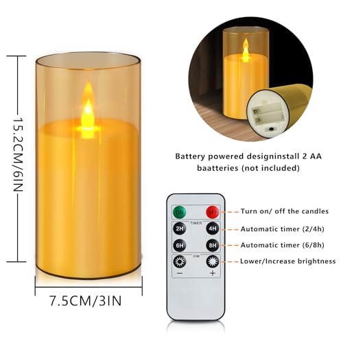 Image of wemarry Flameless Candles Acrylic Glass Pillars 3 inch D x 6 inch H Battery Operated Flickering Candles Include 8-Key Remote with Timer Function 400+ Hours (Amber, Warm Light 2 Pack)