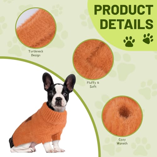 Image of Small Dog Furry Pullover Sweater, Classic Turtleneck Dog Clothes for Cold Weather Cute Warm Pet Clothes for Chihuahua, Bulldog, Dachshund, Pug Orange Small