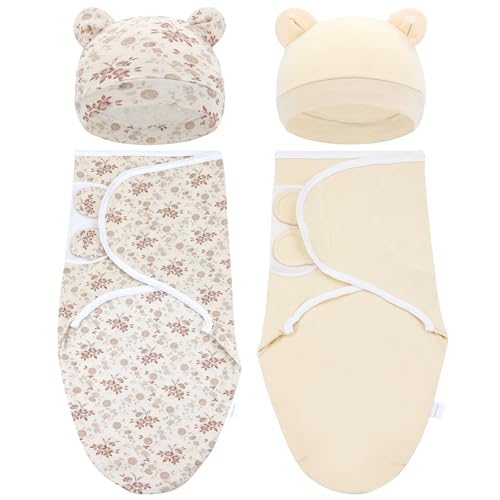 Image of Cinaci 2 Pack Adjustable Soft Cotton Blend Newborn Baby Receiving Swaddle Blankets Sleep Sacks with Nursery Hats Caps Beanies Bonnets for Baby Girls Boys Newborns Infants