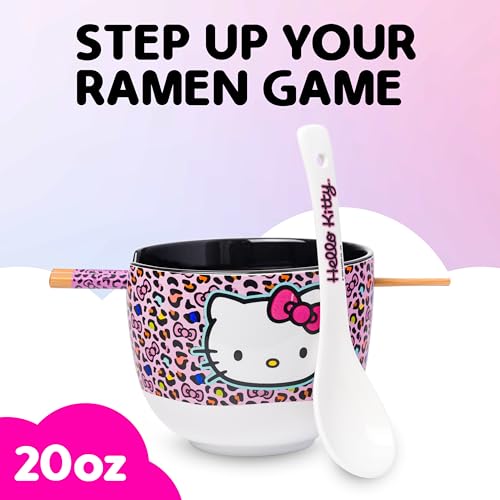 Image of Silver Buffalo Sanrio Hello Kitty Leopard, Ramen Bowl with Chopsticks, 20oz | Pink Print, Ceramic, Noodle Rice, Includes Spoon, Microwave Safe, 0.59 Liters