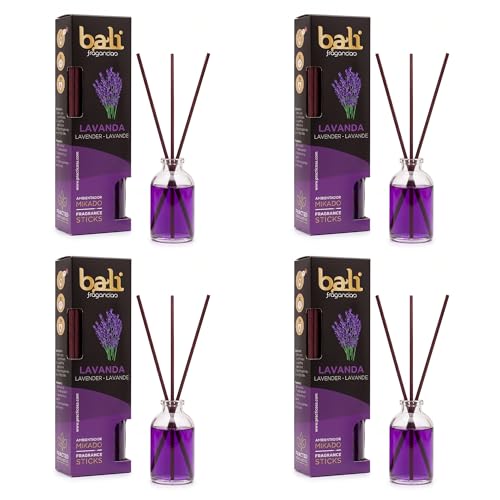 Pack de 4 Bali fragancias Ambientador Mikado LAVANDA Difusor con varillas de ratán para tu salón, comedor o cualquier estancia de tu hogar, fragancias seleccionadas, Aromaterapia, Perfumado (30 ml)