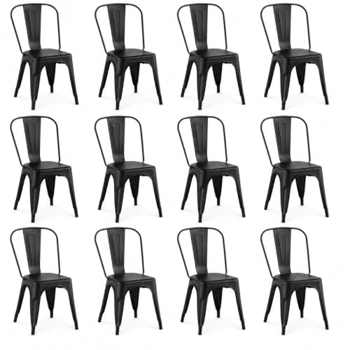 Image of Metal Dining Chairs with Backrest, Stackable, Matte Black, 12 Pack | Easy Assembly, Non-Slip Feet, 330 lb Capacity, Kitchen, Restaurant, Cafe, Pub, Covered Patio