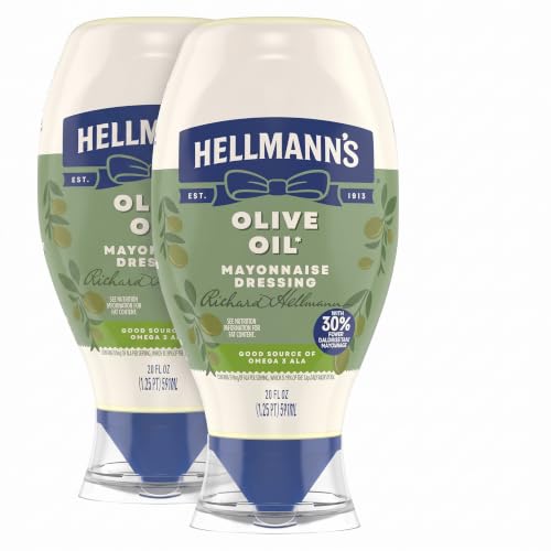 Hellmann's Mayonnaise Dressing with Olive Oil Squeeze Bottle Condiment for Simple Meals and Sandwiches Rich in Omega-3 ALA 20 oz (Pack of 2)