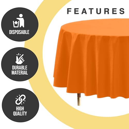 Image of Exquisite 66% Thicker Premium Orange Round Tablecloth 0.5 Mil 24 Pack Plastic Table Cloth Disposable 84 Inch Round Plastic Tablecloth Won't Tear Easily Like Cheap Thin Brands