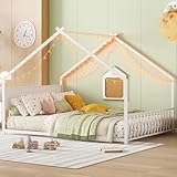 House Platform Bed Full Size, House Bed with RGB LED Light, Headboard and Footboard, Full Size Bed with Slats Support