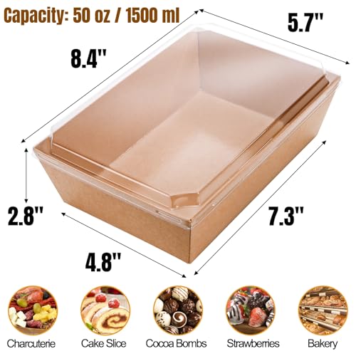 Image of Hiceeden 50 Pack Charcuterie Boxes with Clear Lids, 8.4 inchx5.7 inchx2.8 inch Paper Bakery Dessert Sandwich Box, Disposable Large Food Containers for Cookies, Donuts, Muffins, Salad, and Pastry, Brown