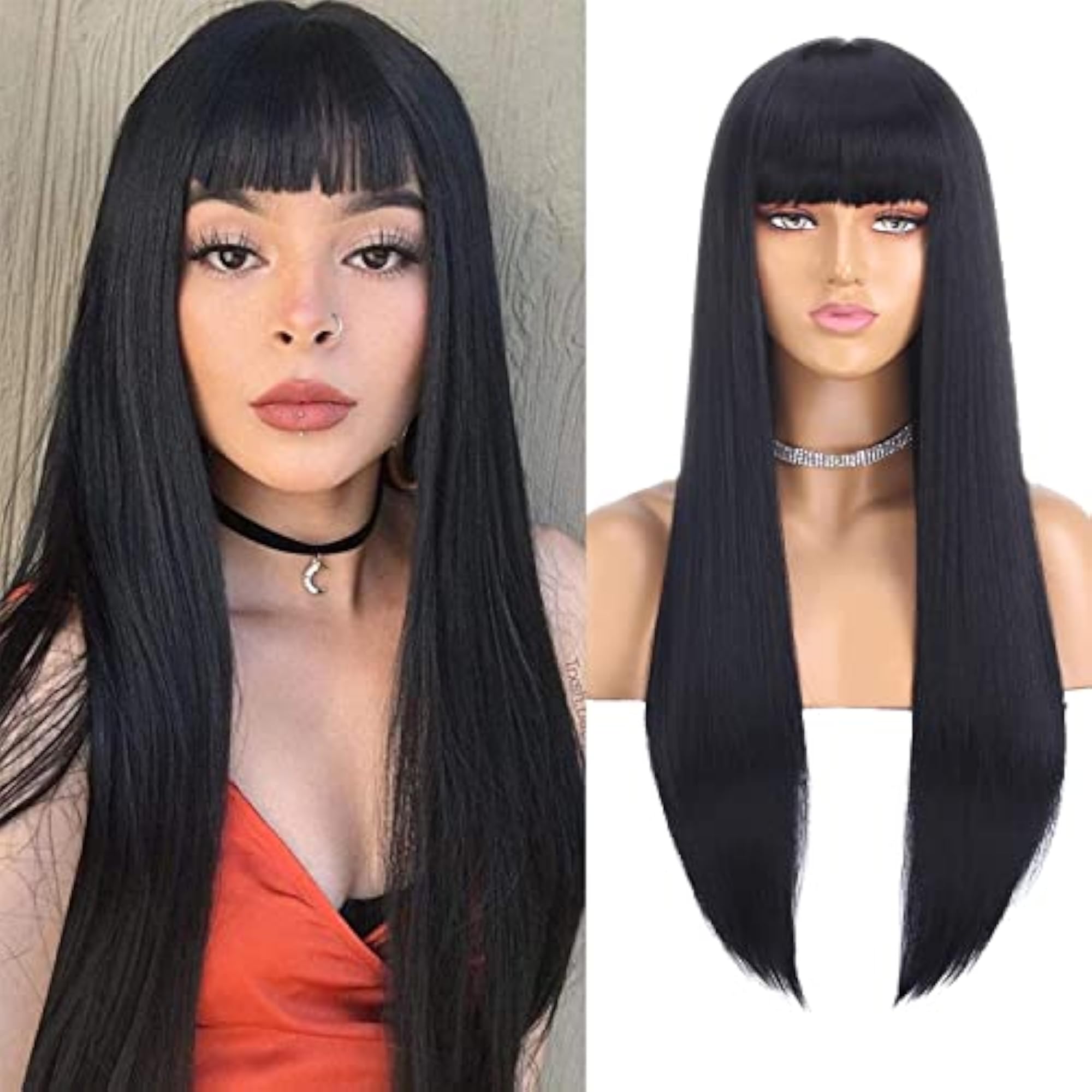 Women's 22 Inch Black Synthetic Hair Wig with Bangs