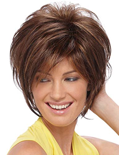 Renershow Shaggy Layered Short Mixed Brown Highlight Wigs For White Women Pixie Cut Wig With Bangs Syntheric Red Brown With Blonde Hair Wig #TOP8