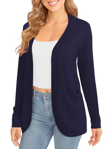 Image of EXCHIC Women's Long Sleeve Lightweight Knit Sweater Cardigan Curved Hem Open Front Cardigans with Pockets