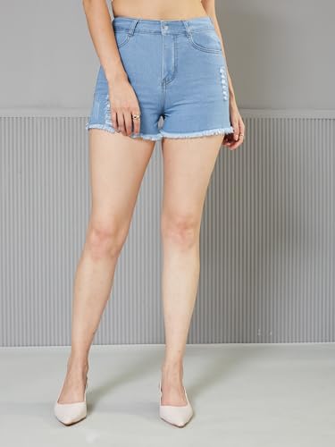 Image of Miss Chase Women's Relaxed Fit Mid Rise Highly Distressed Regular-Length Denim Shorts