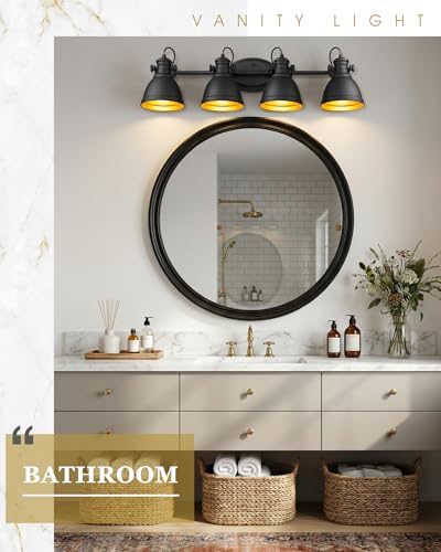 Image of 4-Light Black Bathroom Vanity Light Over Mirror, Metal Shade
