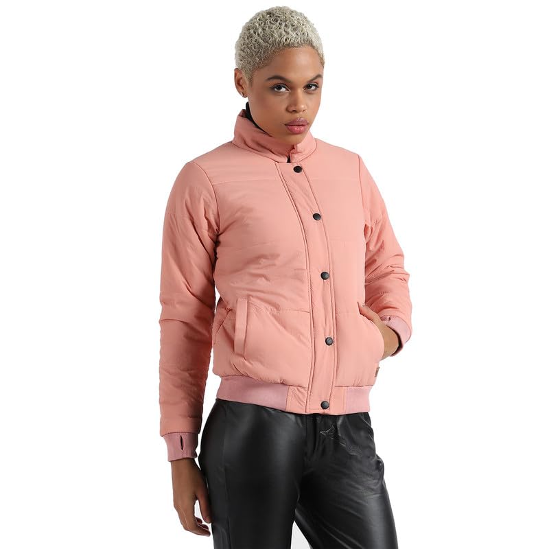 Image of PINACOLADA Women's Pink Puffer Regular Fit Bomber Jacket For Winter Wear | Standing Collar | Full Sleeve | Buttoned | Casual Jacket For Woman & Girl | Western Stylish Jacket For Women