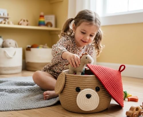 Image of AuraNest Jute Storage Basket with Lid | Cotton Rope Multipurpose Organizer Box for Bathroom, Kitchen & Living Room | Vanity, First Aid & Utility Storage Basket (Red & Beige, Pack of 1)