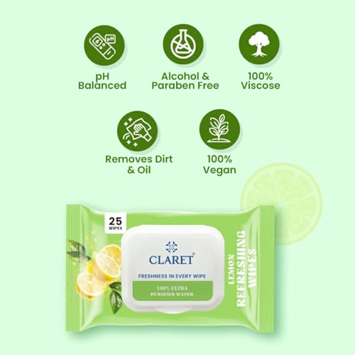 Image of Claret Refreshing Wet Wipes With Natural Lemon Extract For Face & Body | 25 Pulls | 100% Ultra Purified Water | pH Balanced & Alcohol-Free (Pack of 9)