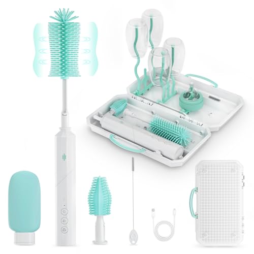 Image of 8-in-1 Electric Baby Bottle Brush Cleaner Set – Rechargeable, 3-Speed, 90° Rotating Handle, Waterproof, with Drying Rack & Travel Case, Green