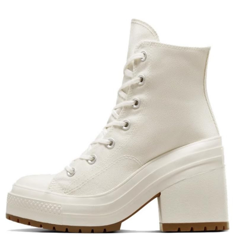Womens Large-Size White High-Top Canvas Shoes - Thick Sole Chunky Heel Round Toe Lace-Up Style white 38