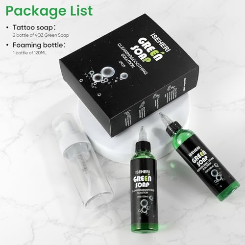 ISEHERI 2PCS Ultra Concentrated Green Tattoo Soap 4OZ with Foaming Bottle 120ml, Tattoo Supplies for Tattoos Piercings, Clean Skin Equipment