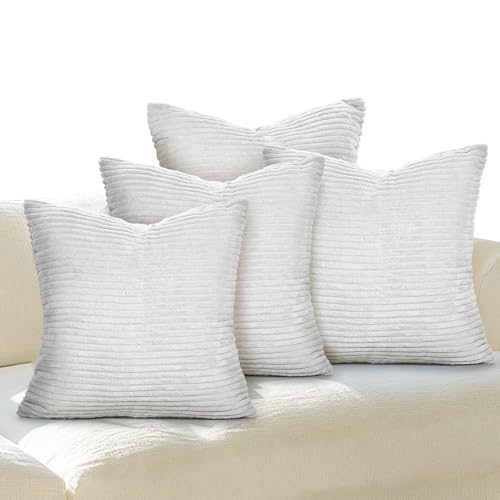 Yokuni Lot de 4 Housse de Coussin 40x40 cm, Coussin Velours Côtelé Beige, Rayure Douces, Fermeture Éclair Invisible, Coussin Decoratif Canape pour Canapé,...