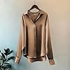 Women's Long Sleeve Shirts Satin Silk Like Lightweight Collared Neck Tops Business Casual Slim-Fit Button-Down Shirt Ladies Longline Blouses Office Work Everyday Daily Wear Coffee #2