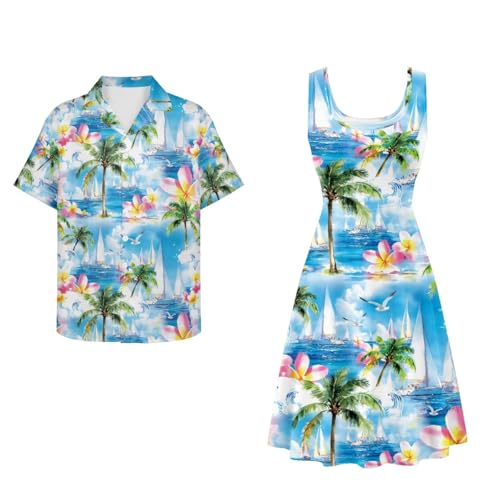 Image of Dreaweet Summer Dresses for Women A-Line Sleeveless Flowy Sun Dresses,Men's Casual Button-Down Shirts,Couple Matching Outfits