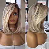 Byluxurious Highlight Ash Blonde Wig Human Hair Pre Plucked Breathable Balayage Ombre Brown Blonde Straight Short Bob Wigs 13x4 UHD Lace Front Wig Remy Real Human Hair for Woman 12Inch 180% Density