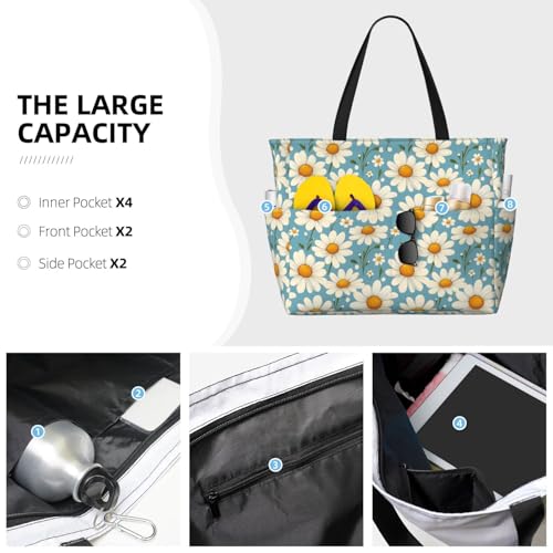 Large Beach Bags for Women Sandproof - Daisy Sky Blue Print Summer Travel Work Tote Bags with Zipper3