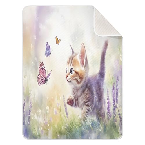 Burbuja Kitten Chasing Butterflies in Lavender Baby Blanket for Boys Girls, Nursery Soft Warm Swaddling Receiving Baby Blankets, 30x40 in Toddler Blanket