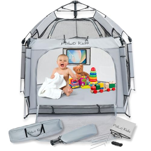 Image of Palo Kids Pop Up Playpen - Portable for Babies With Canopy - Baby Beach Tent, Indoor Outdoor, Pack & Play, Built-in Tablet Holder, Foldable