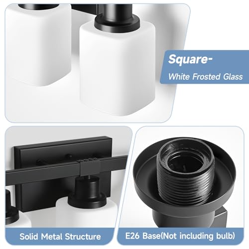 Image of 5-Light Bathroom Vanity Light, Modern Matte Black Bathroom Light Fixtures with Square Frosted Glass, Wall Sconces fixtures Over Mirror Restroom,Living Room Hallway E26