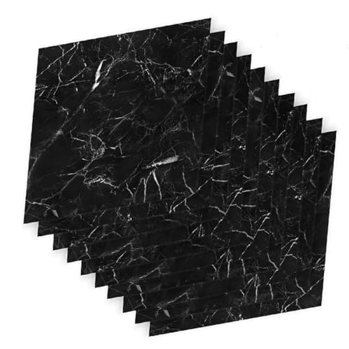 10 Sheets Floor Tiles Self Adhesive 12x12In Marble Effect Vinyl Flooring Waterproof Peel and Stick Floor Tile Vinyl Flooring Roll for Kitchen Living Room and Bathroom Planks(Black)
