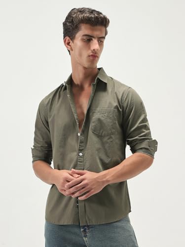 Image of Urbano Fashion Men's Cotton Full Sleeve Regular Fit Casual Solid Slub Shirt with Spread Collar