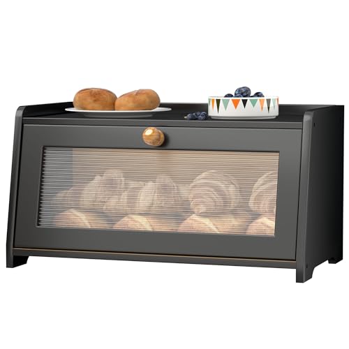 Bread Box for Kitchen Countertop, Vintage Wooden Counter Breadbox, Bamboo Bread Storage Container Bin for Homemade Bread, Small Farmhouse Corner Breadbox Organizer with Acrylic Window, Black