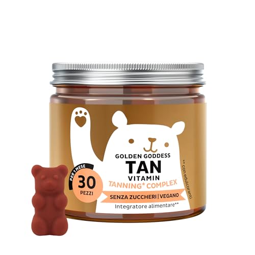Golden Goddess Tan Vitamin Caramelle Gommose - Complesso Abbronzante - Vitamina C, E, D, Betacarotene e Rame - 30 pezzi (1 mese) - Senza Zucchero, Vegano - Bears with Benefits
