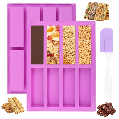 IETWATE 2 Stück Müsliriegel Backform, 8 Mulden Antihaft Silikon Backform, Rechteckig Pralinenform Silikon, Silikonform Backen Spülmaschinenfest mit 1 Silikonspachtel, für DIY Kuchen Schokolade Seife